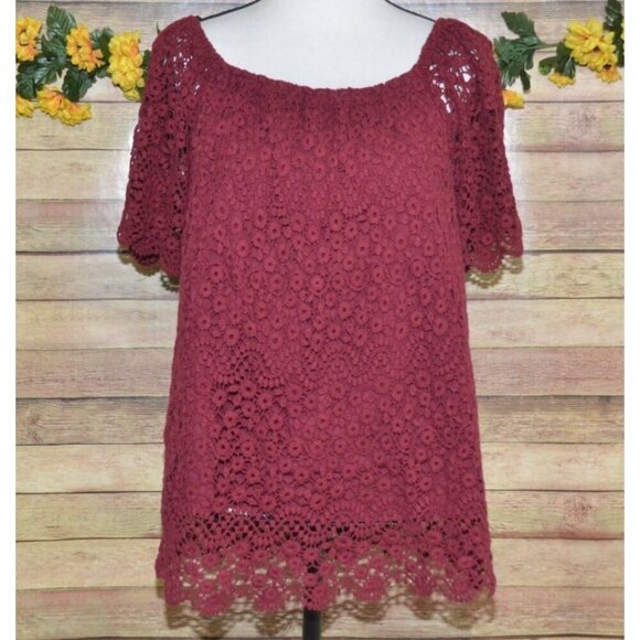 Knox Rose Ladies Dark Red Blouse Top Size M Lace Floral Lined Sheer Casual Fall - Picture 1 of 11